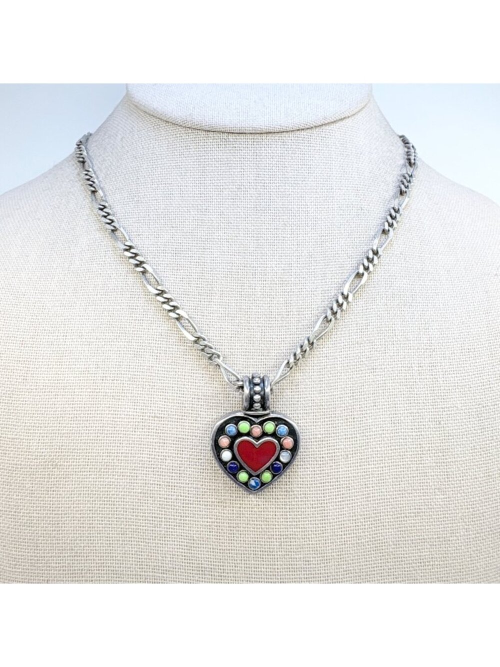 Multi Stone Sterling Silver 925 Heart Figaro Chain Pendant Necklace 19.5" Length